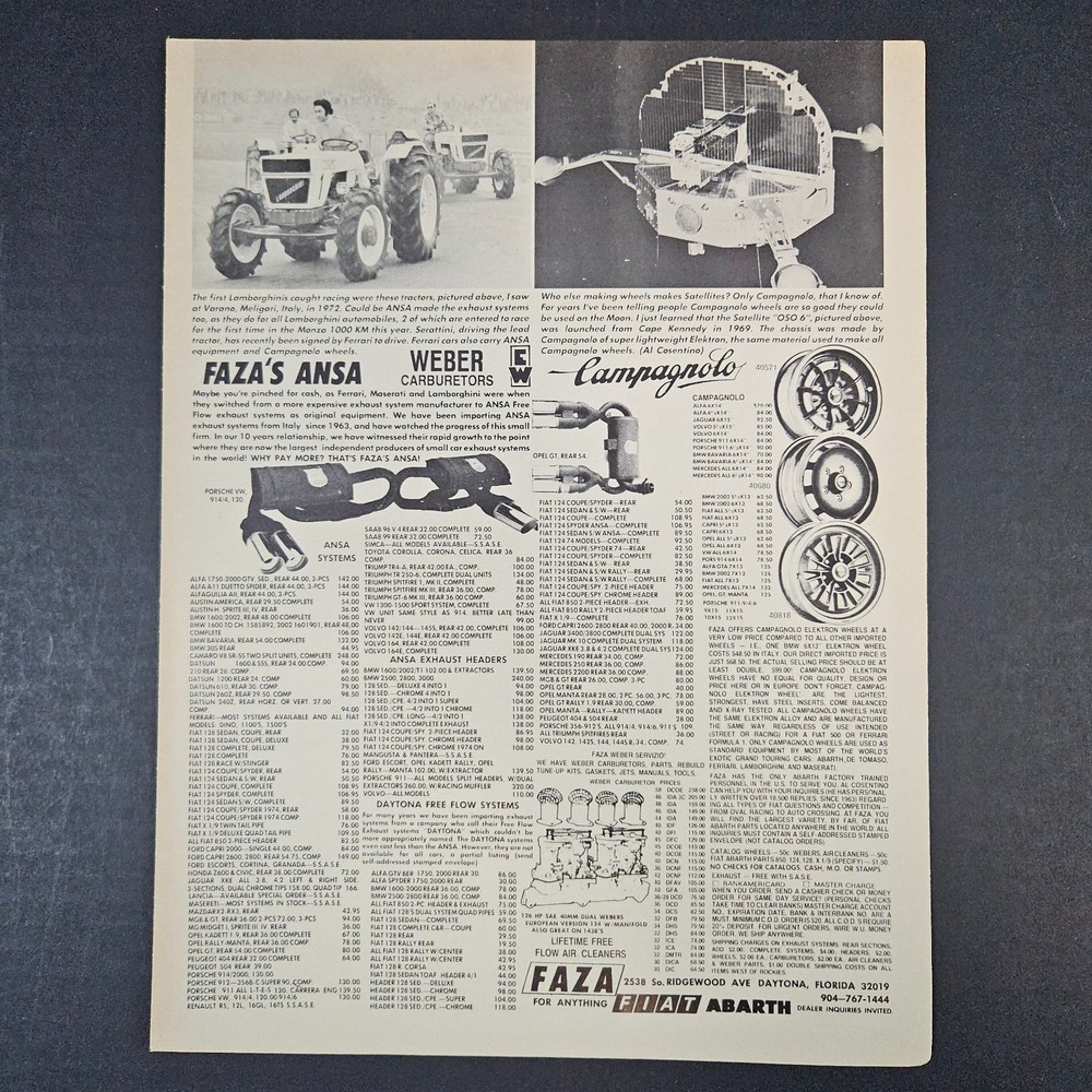 1974 Faza Fiat Abarth Auto Parts Vintage Print Ad Daytona FL ANSA Weber Carbs